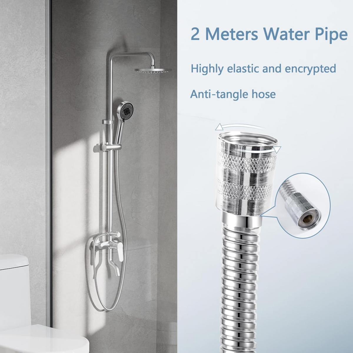 2MPommeau de douche avec tuyau , Douchette Douche Salle de Bain à Effet Pluie avec 5 Types de Jets, Pommeau Douche Anti Calcaire Haute Pression - 5