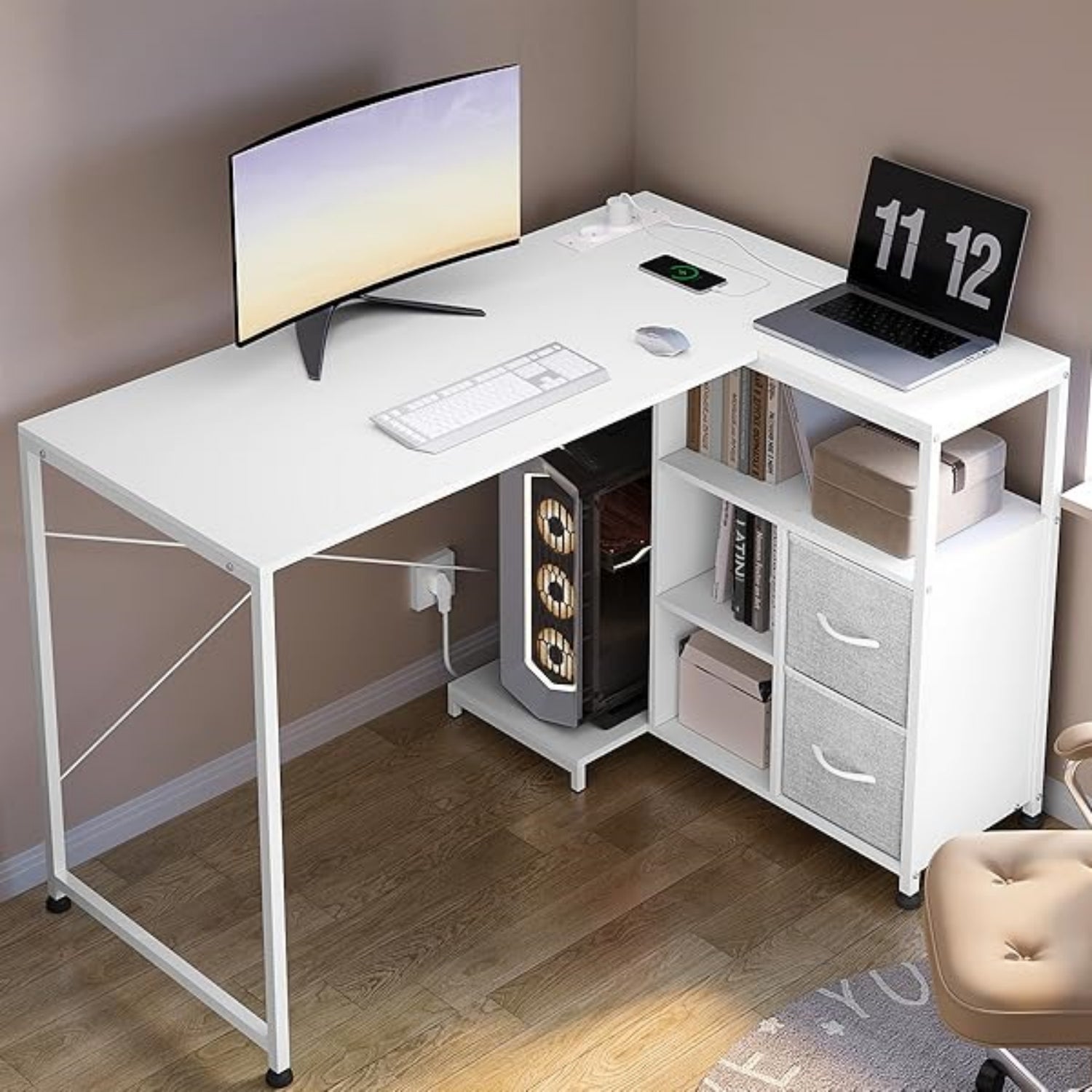 Bureau d'angle WOLTU, 120x80 cm, Table d'Ordinateur avec Étagère Réversible, Prises et Port USB-A Typ-C, Forme de L, Cadre en Métal, Blanc - 5