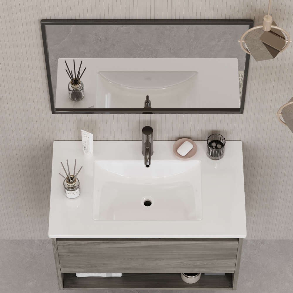 Meuble de salle de bain suspendu avec lavabo et miroir sous lavabo 80 cm avec tiroir et compartiment, gris chêne - ZIK - 3