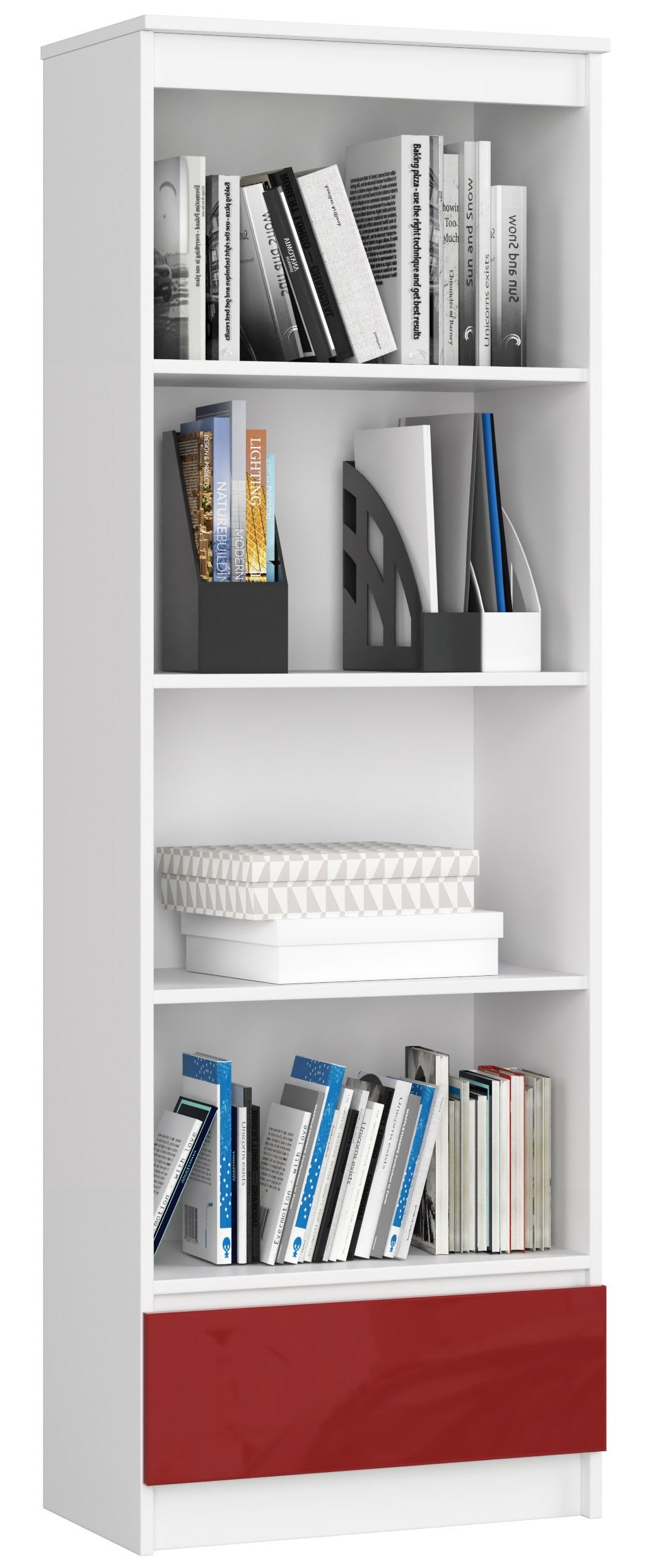 Regał AKORD R60 Biały 60 cm 1 szuflada kolor Czerwony Połysk 4 półki 60x35x180 cm
