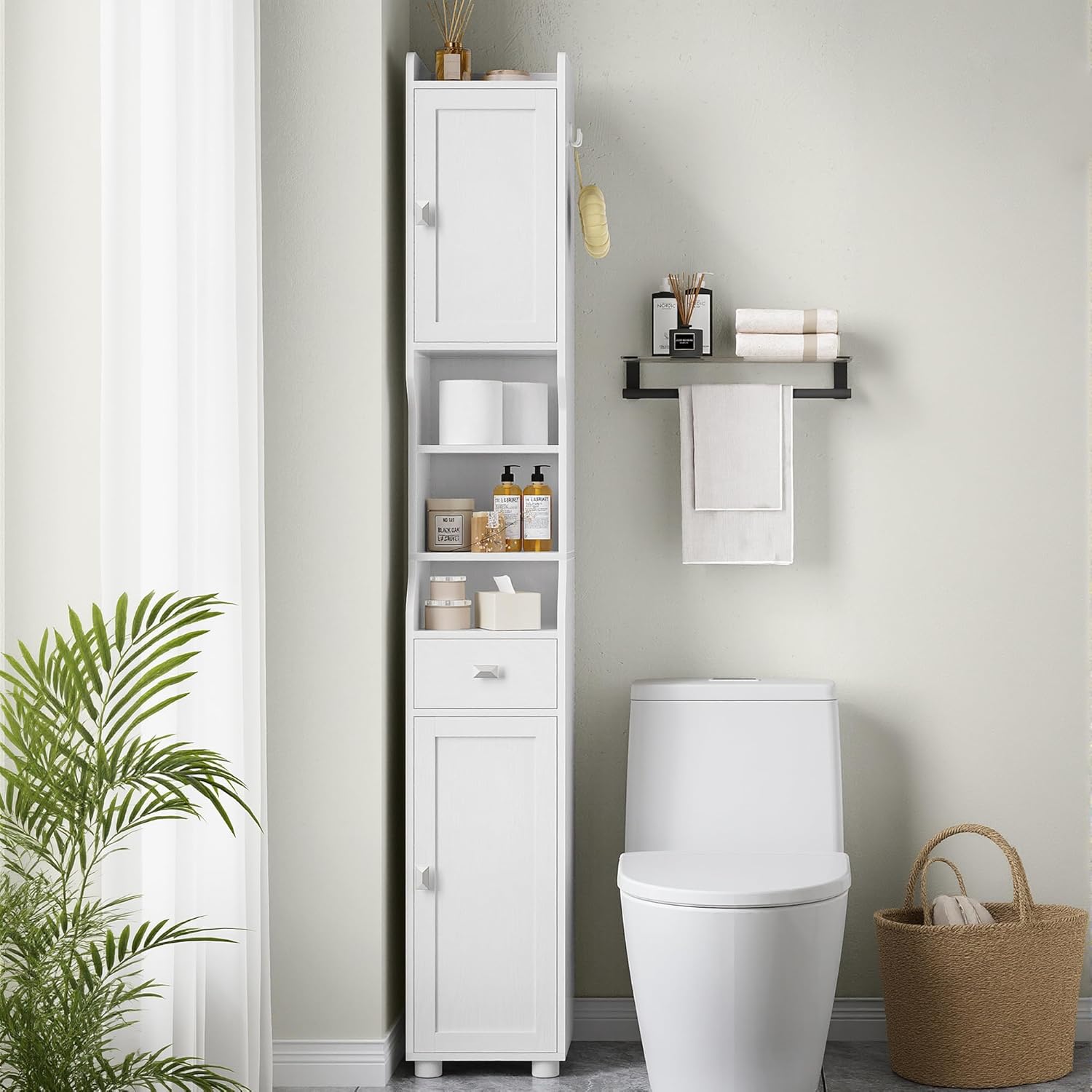 Armoire de Salle de Bain Étroit, Meuble de Rangement Haute avec 2 Portes et 1 Tiroir, Étagère Réglable, Compartiment Ouvert,Blanc - 3