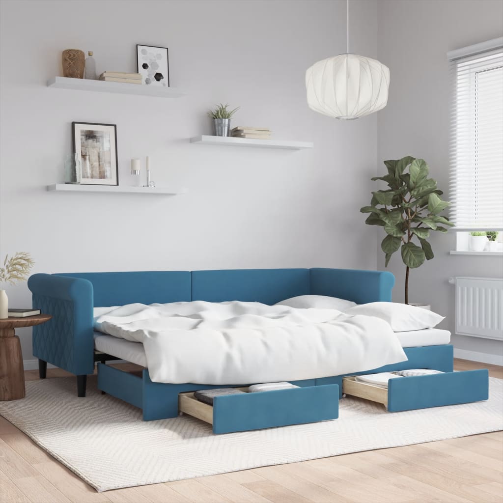 Lit De Jour Avec Gigogne Et Tiroirs – Bleu Velours – 80x200 Cm – Neuf