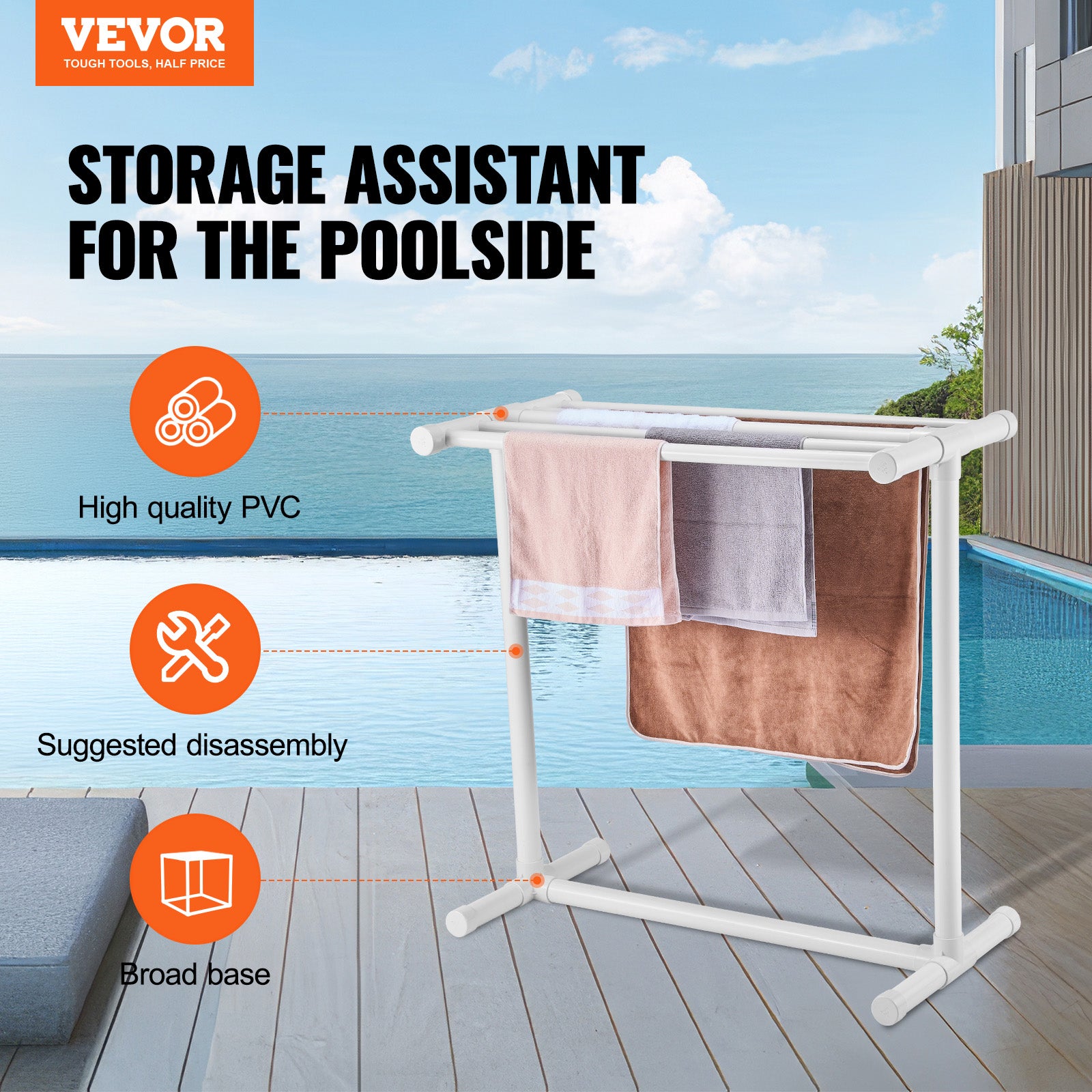 Porte-Serviettes Piscine VEVOR 5 Barres Blanc - Support PVC Autoportant Forme T Avec Pinces