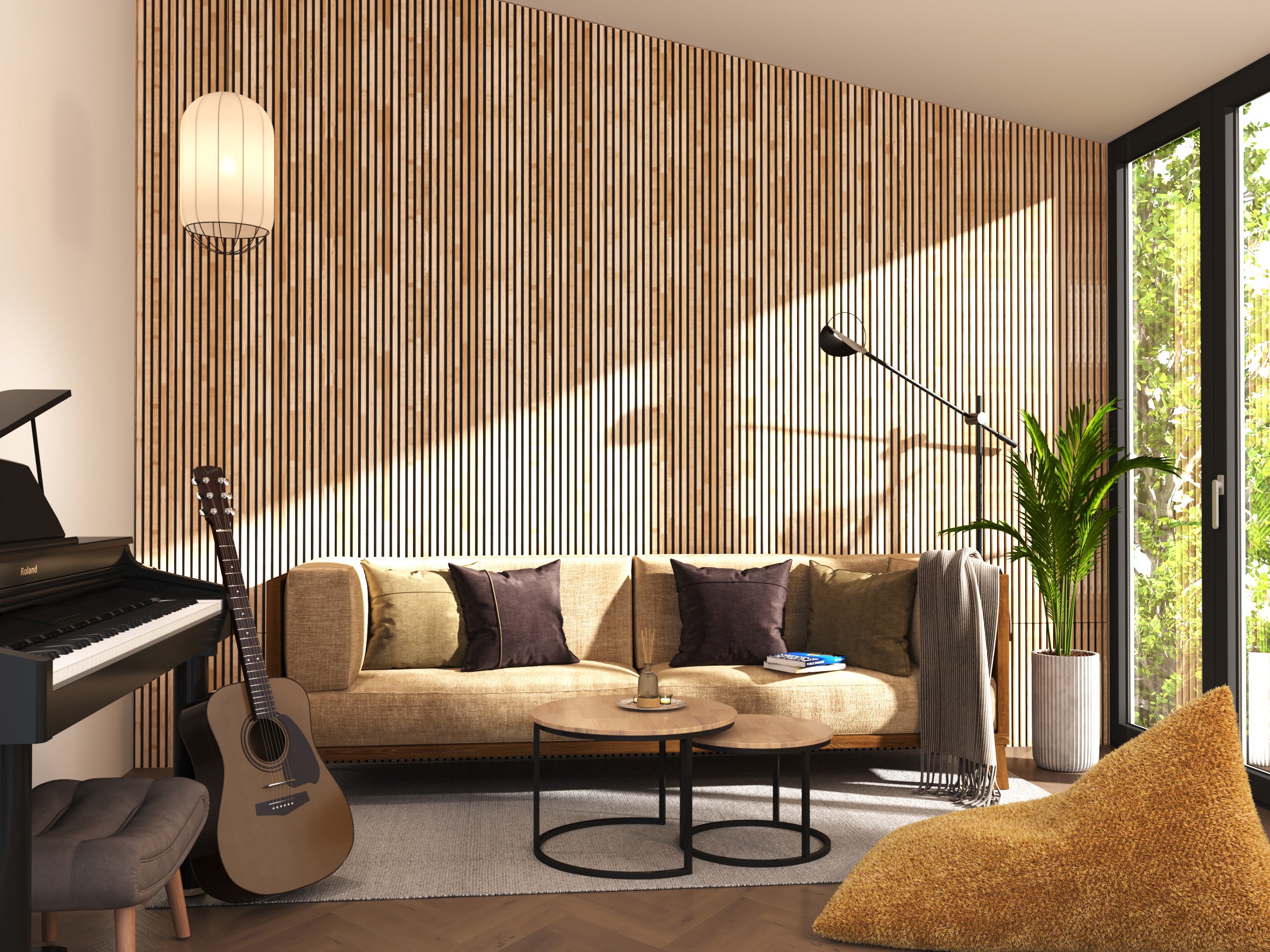 Panneau Tasseau Acoustique en Bois - Chêne Naturel - 2400x600mm - Lattes 18mm, Support en Feutre Noir - 2
