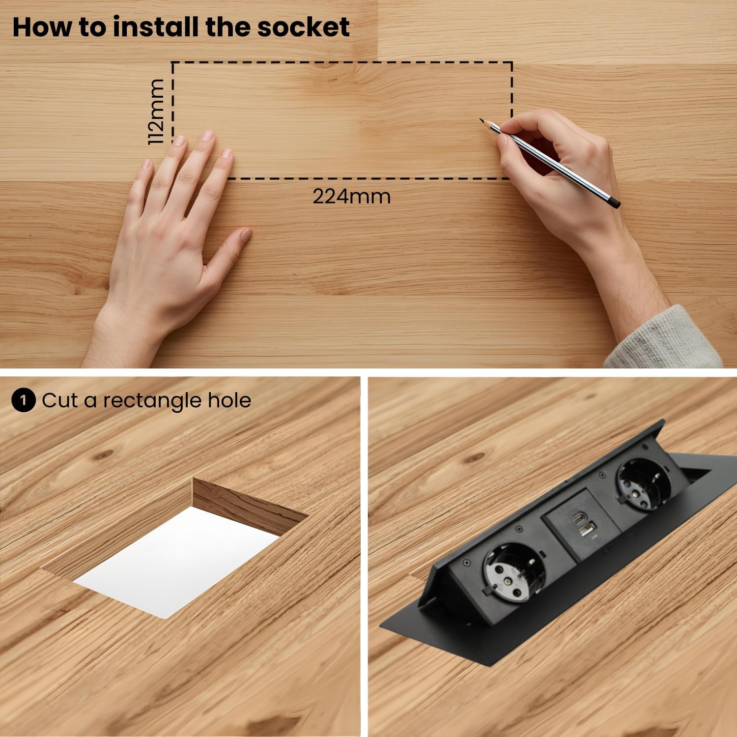 Multiprise Encastrable Escamotable avec 2 Prises SCHUKO + 2 Prises USB (A+C), Câble de 1,5 m – Pour Bureau et Table (Couleur Noir) - 3
