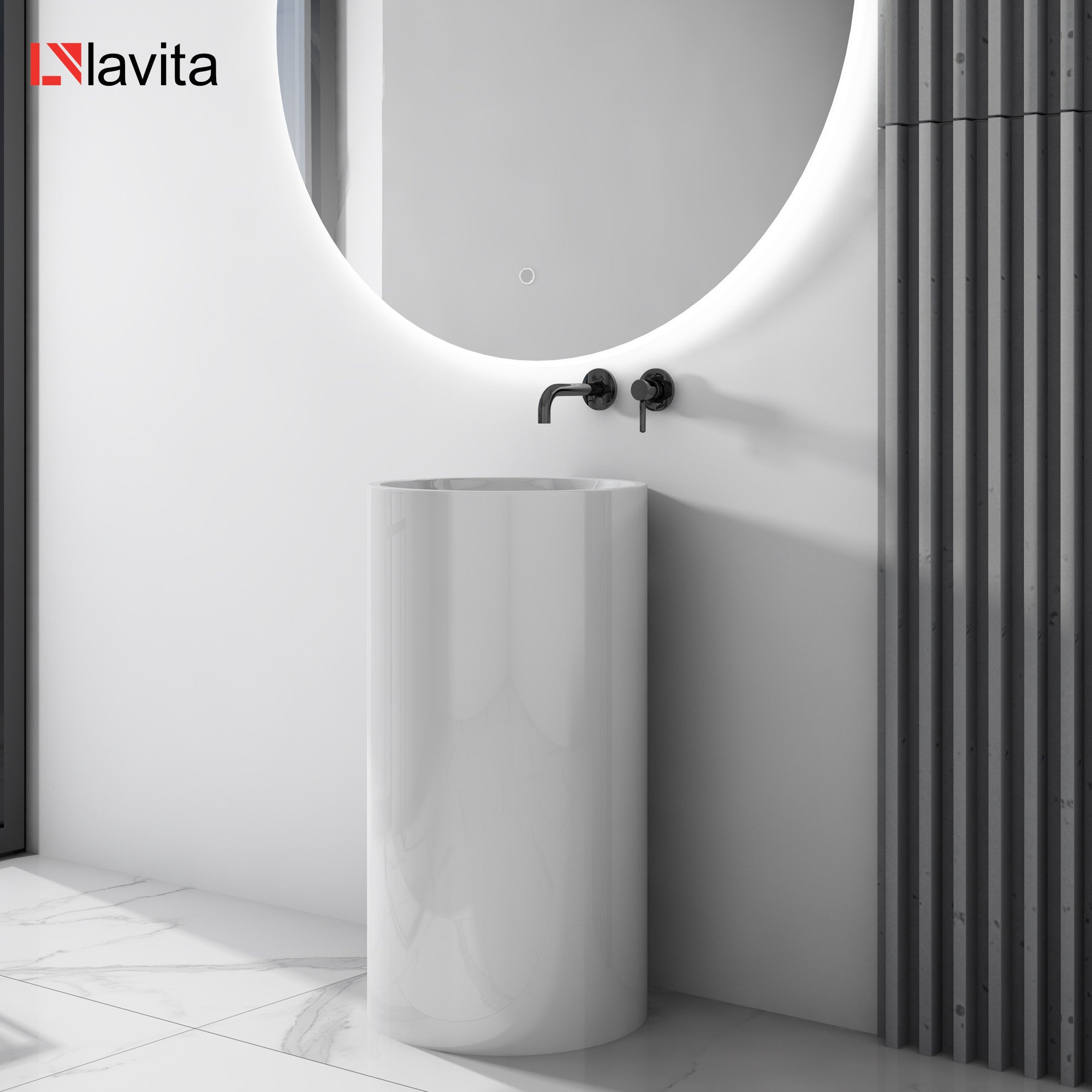 Lavabo indépendant LAVITA | Vasque autoportante élégante | Produit en porcelaine de haute qualité | ronde |44,5x46,5x81,5 cm | Blanc brillant - 5