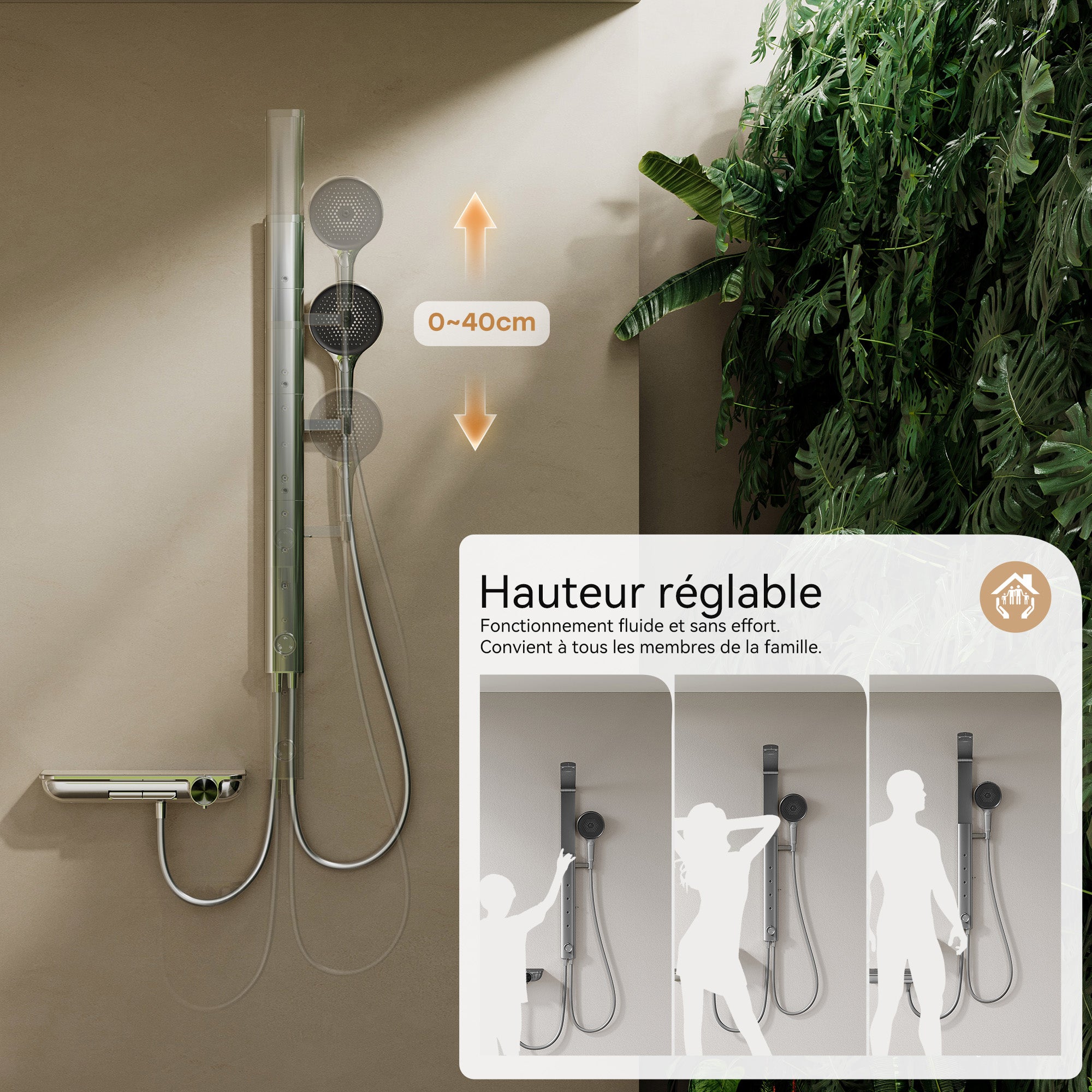 HOROW Ensemble de douche à effet pluie chromé, avec Robinetterie Thermostatique, 4 modes de massage, pliable, réglable en hauteur - 4