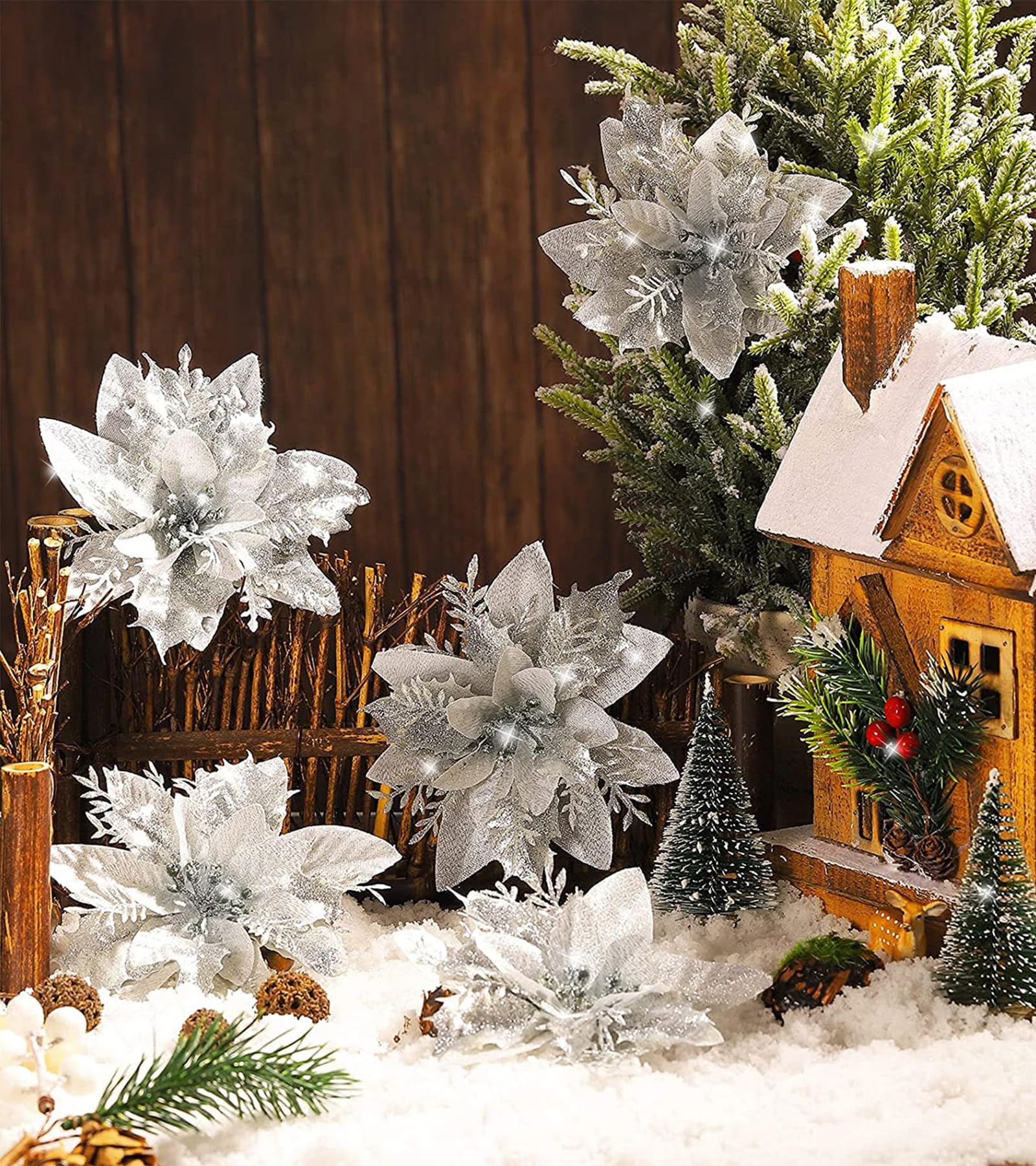 10 pièces décorations de noël, fleurs de noël artificielles avec clips, guirlande d'arbre de noël scintillante pendentifs de fleurs artificielles - 9