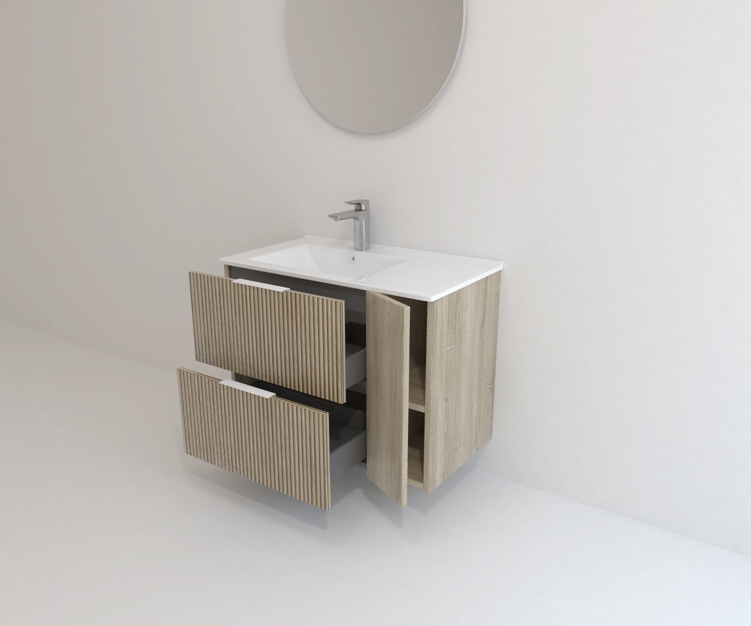 Meuble de salle de bain Mapau Pack avec lavabo et miroir circulaire BRIDAN deux tiroirs chêne Bardolino 80cm - 5