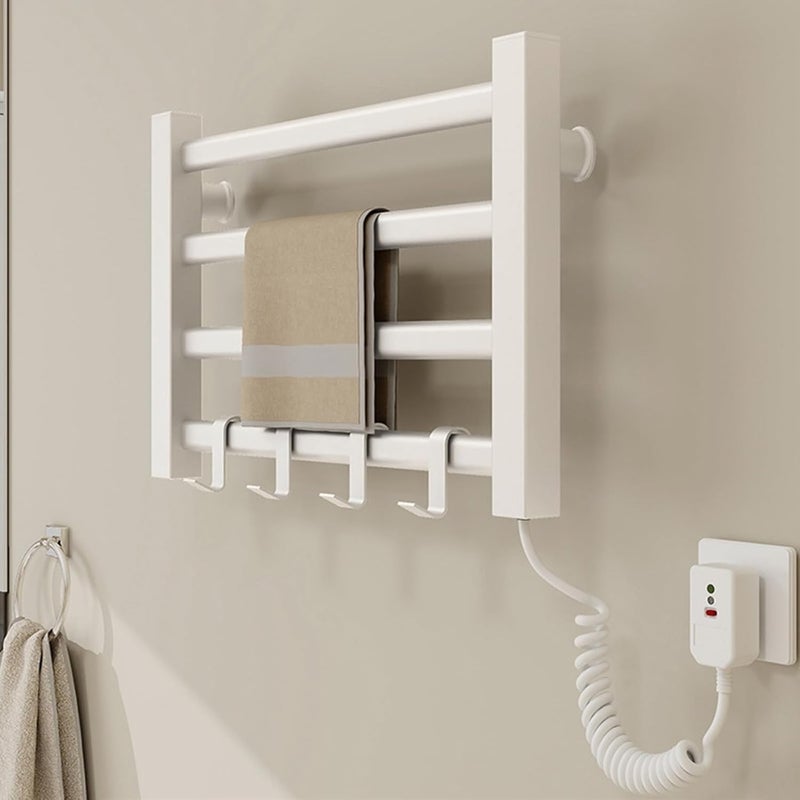 Czteropunktowy etryczny grzejnik na ręczniki, mały grzejnik łazienkowy z haczykami, montowany na ścianie, biały.