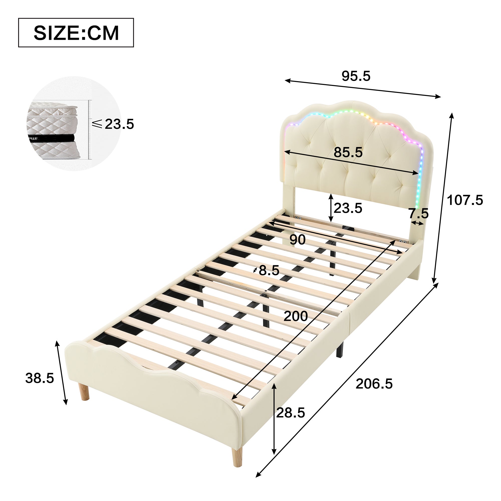 Łóżko dziecięce tapicerowane ze skóry ekologicznej z kolorowymi diodami LED - stelaż z listew drewnianych - 90x200 cm - białe - 4