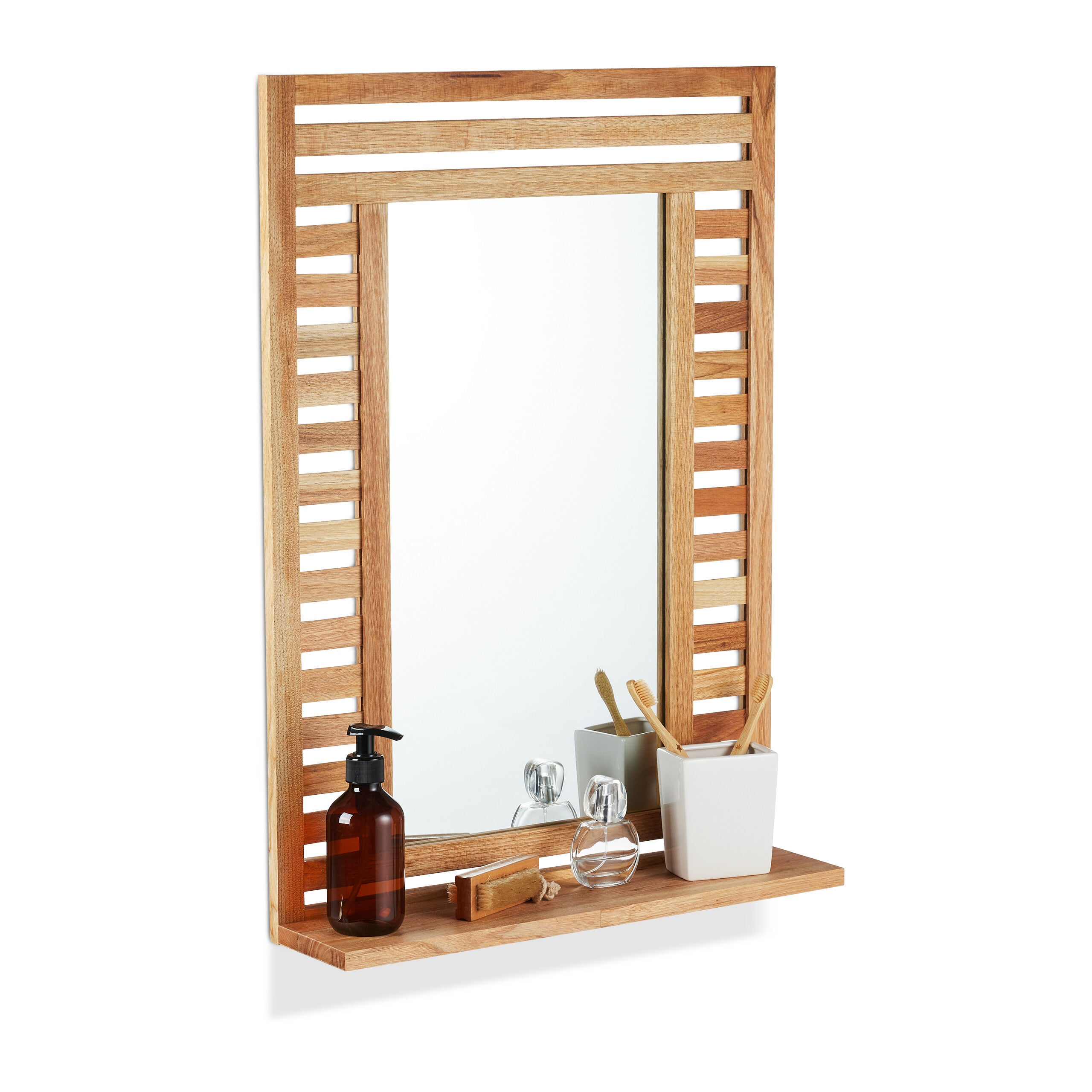 Specchio Da Bagno Con Ripiano E Cornice In Legno: Specchiera Rettangolare 70x50 Cm, Pratica Ed Elegante Per Casa