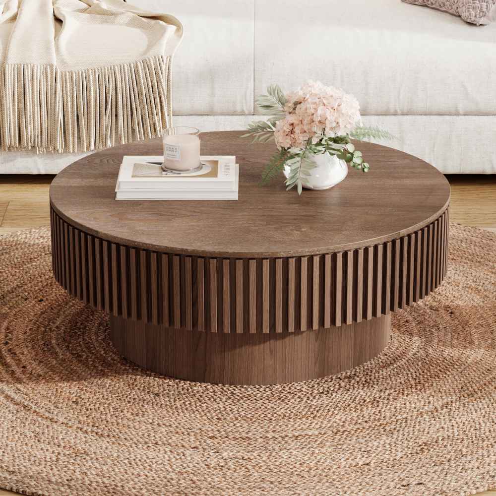 Table basse ronde 75 cm avec rangement, plateau en bois massif plaqué, design moderne et fonctionnel pour salon, chambre ou bureau - 4