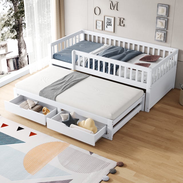Cama nido 90x200 cm + 90x190 cm con 2 cajones y barandillas de seguridad - Pino + contrachapado + MDF - Blanco (sin colchón)