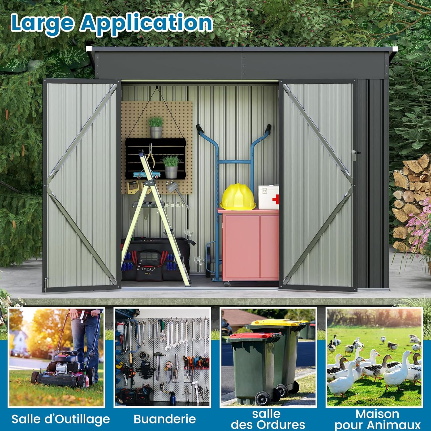 Abri de Jardin en Métal 2,6m², Cabane Jardin Exterieur en Acier Galvanisé 4,82 m³ avec Loquet, Porte avec Serrure et clé, Toit en Pente, Gris foncé - 5