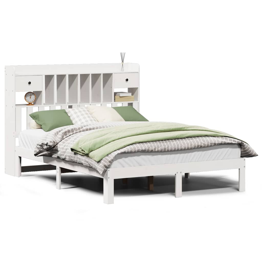 Łóżko Drewniane Białe z Regałem Rama Łóżka Drewniana Ze Stelażem Do Sypialni Pokoju 140x190 cm