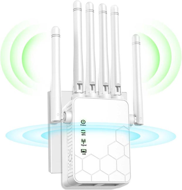Wzmacniacz sygnału Wi-Fi, wzmacniacz sygnału internetowego, wzmacniacz Wi-Fi o dużym zasięgu, 6 anten, pełne pokrycie 360°, kolor biały