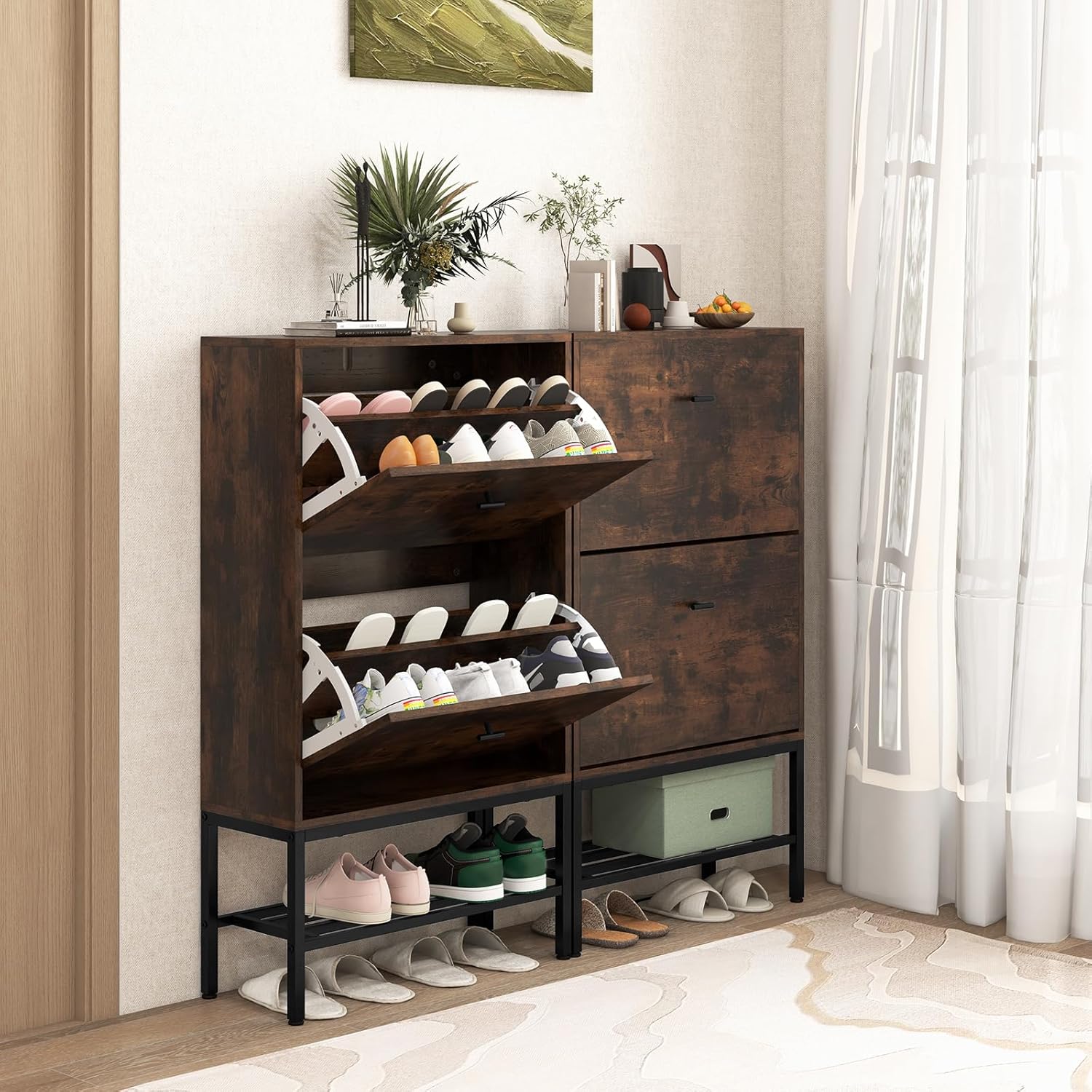 Armadio per Scarpe con 2 Cassetti a Ribalta, Scarpiera Nascosto con Ripiani Regolabili e Rimovibili, Ripiano in Metallo e Dispositivo Antiriba - 4