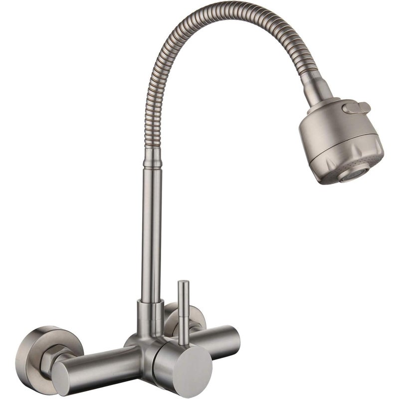 304 Stal nierdzewna Bateria kuchenna montowana na ścianie, Obrotowy kran kuchenny 360° z elastycznym wężem - Szczotkowana