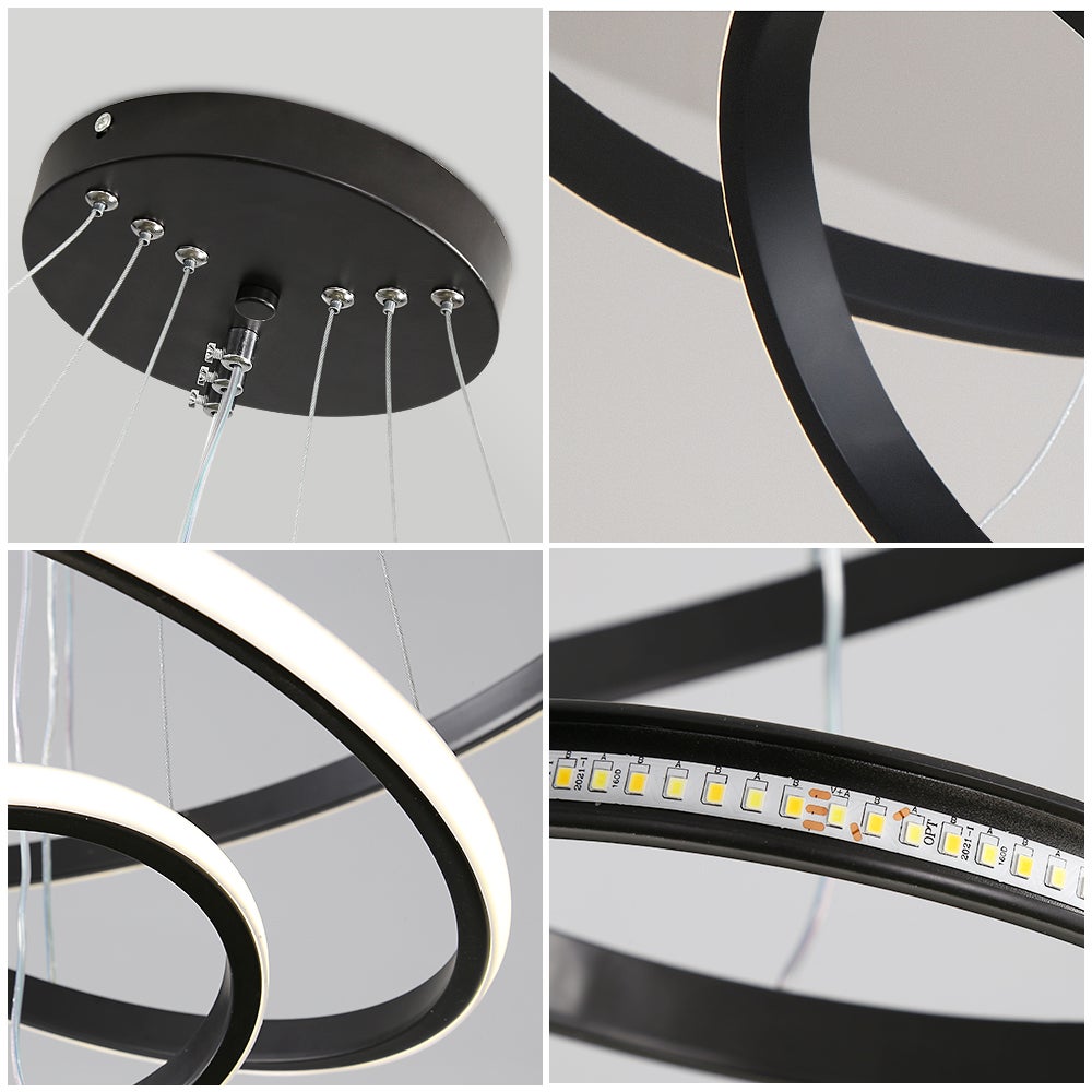 GOECO Suspension Luminaire - Lustre LED Moderne pour Salon Salle à Manger - Lumière Variable 3000K/4000K/6500K, Hauteur Réglable - Noir - Ø.20+40+60cm - 8
