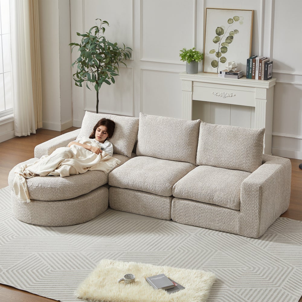 Sofa modułowa, szenilowa, z elementami zaokrąglonymi i leżanką, skompresowana, nie wymaga montażu