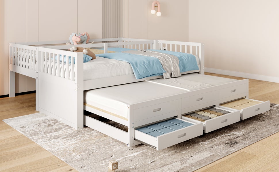 Lit superposé en bois 90 x 200 cm avec lit gigogne pour enfant, Lit mezzanine et 3 tiroirs, sommier à lattes, blanc (sans matelas) - 6