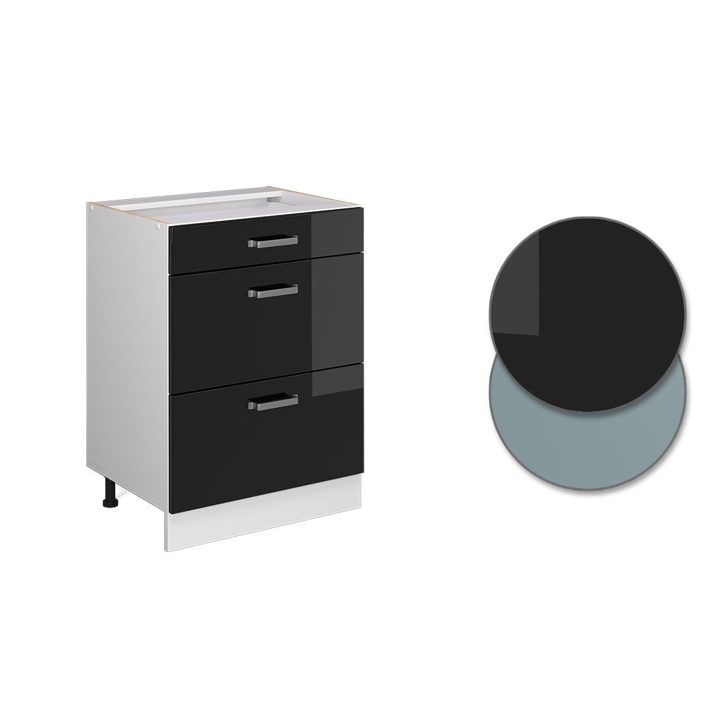 Vicco Meuble cuisine R-Line, Noir Haute brillance, 60cm avec tiroirs, sans PT - 5