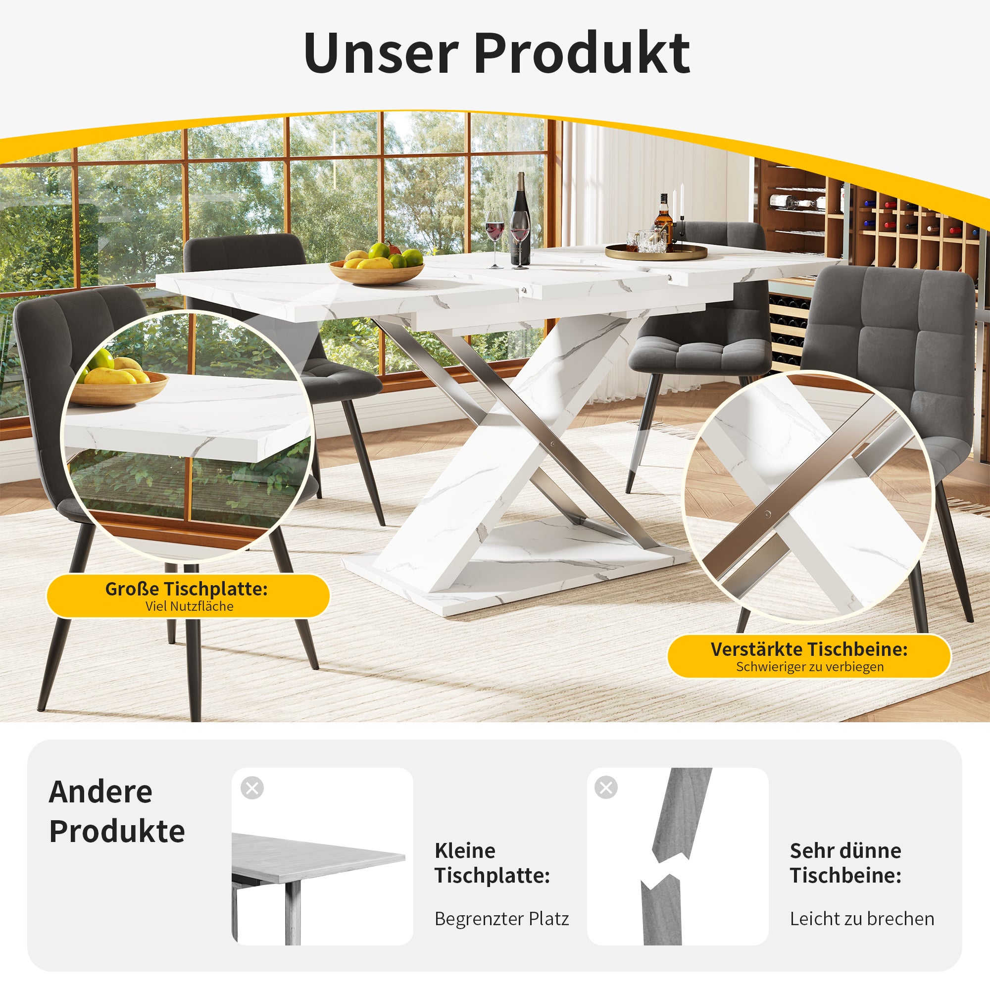 Table à manger extensible 4 à 6 couverts - 118/157 x 70 x 75 cm - Plateau en aspect marbre - MDF et métal - Blanc - 8