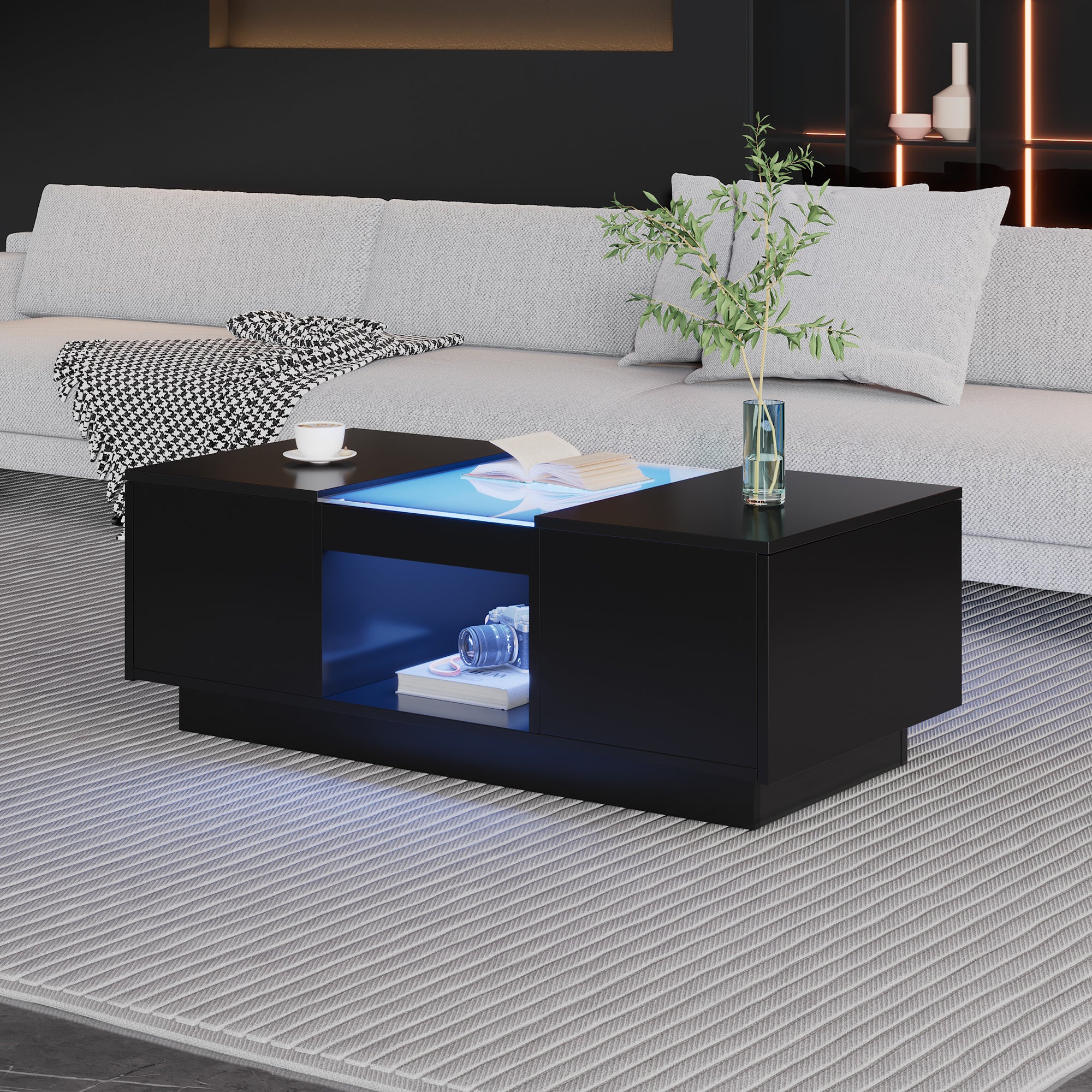 Stół kawowy czarny 100x50x35,5 cm - z LED, sterowaniem APP, 2 szuflady, szklana powierzchnia - 3