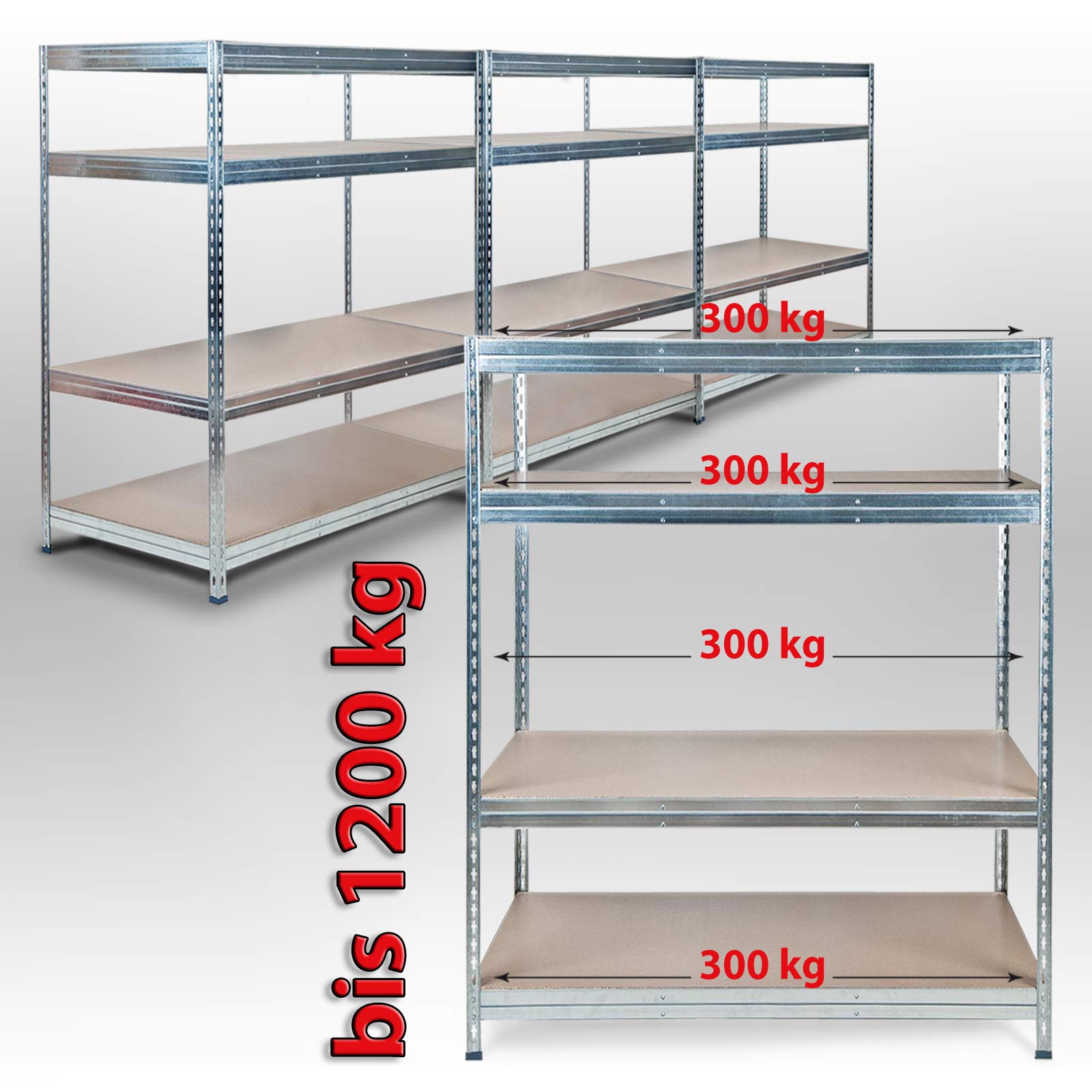 Rayonnage en tôle d'acier, 4 étages, galvanisé, 200 x 150 x 60 cm, Charge jusqu'à 300 kg par tablette, capacité totale 1200 kg - 2