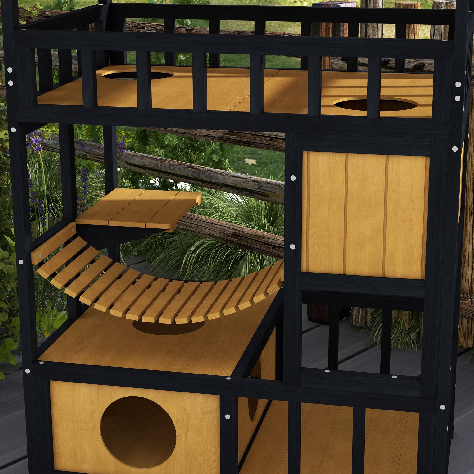 Casa para Gatos PawHut madeira de pinho Natural e Preto 84x60x116 cm - 4