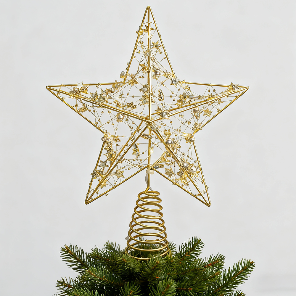 Topo de árvore de Natal em forma de estrela com luzes LED, decorações de Natal douradas, topo de árvore de Natal, enfeite de Natal - 7