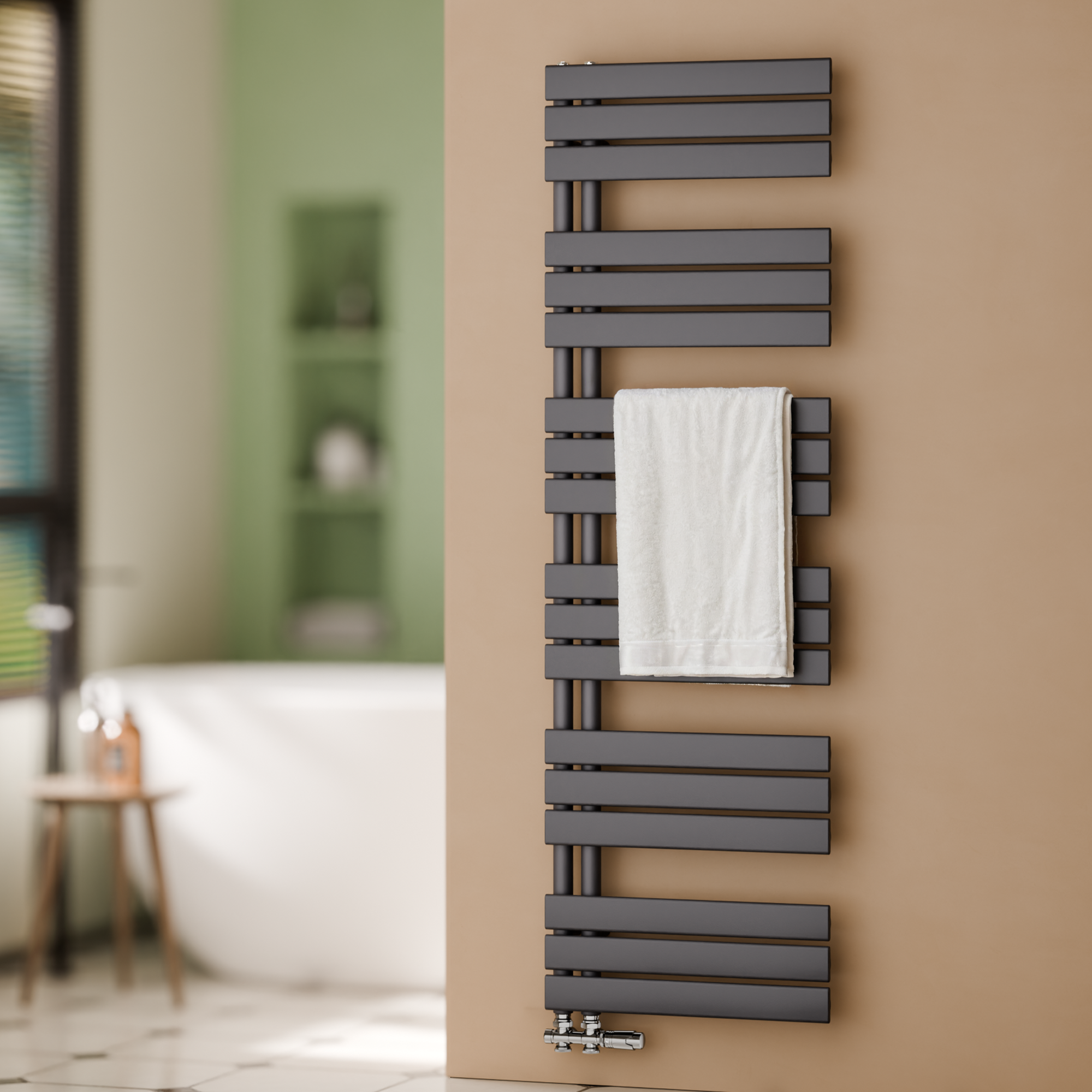 Grzejnik łazienkowy drabinkowy na ciepłą wodę - Stalowy z podłączeniem środkowym - Kolor antracytowy - Wymiary 1599 x 500 mm - Moc 832 W