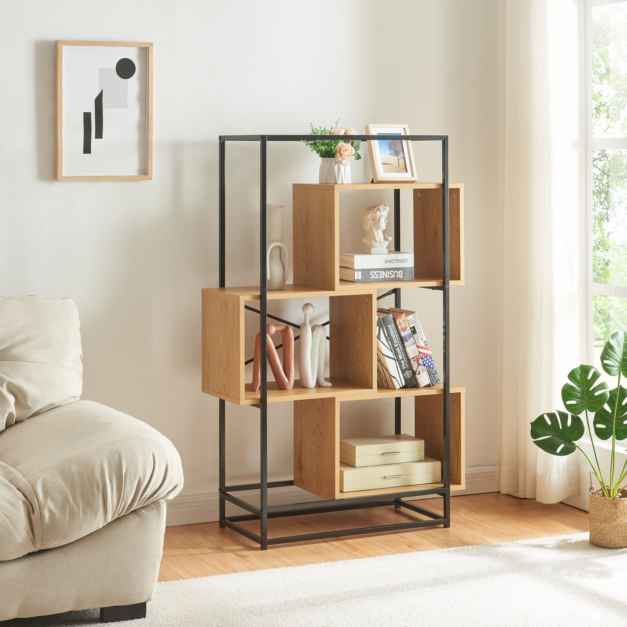 Étagère Bambou Scandinave 5 Niveaux Avec Porte Coulissante - 185x80x45 Cm - Rangement Salon/Salle De Bain