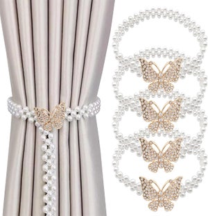 Fermatenda Fiori Perle Fermatende Decorativi Con Fiori Di Perle - 2 Pezzi, Oro Lucido, Diametro 13 Cm - Per Tende Senza Forare Pareti Decorazione Tende Perle