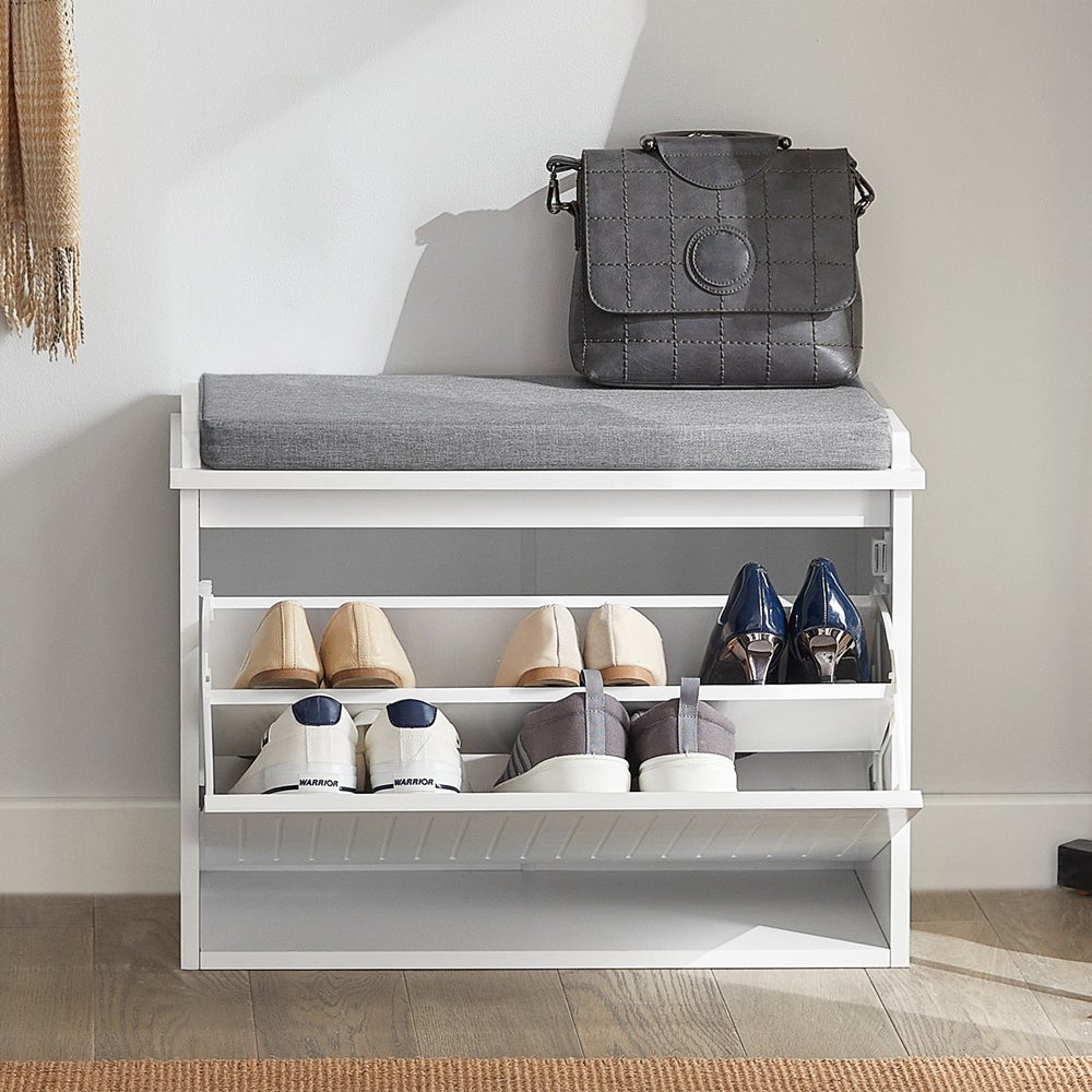 SoBuy Banc chaussures d’entrée avec assise coussin rembourré, meuble de rangement à abattant blanc gain de place, capacité 150 kg, 62x 26x45cm - 6