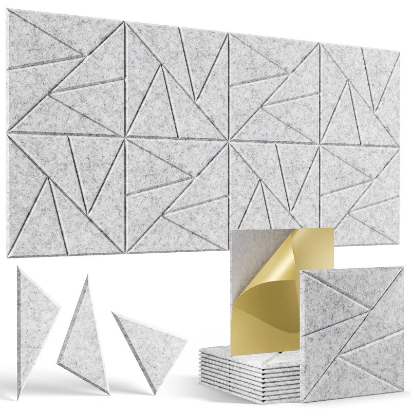 Zestaw 12 samoprzylepnych paneli akustycznych o wysokiej gęstości, wykonanych z włókna poliestrowego, 30 x 30 x 0,9 cm, jasnoszary