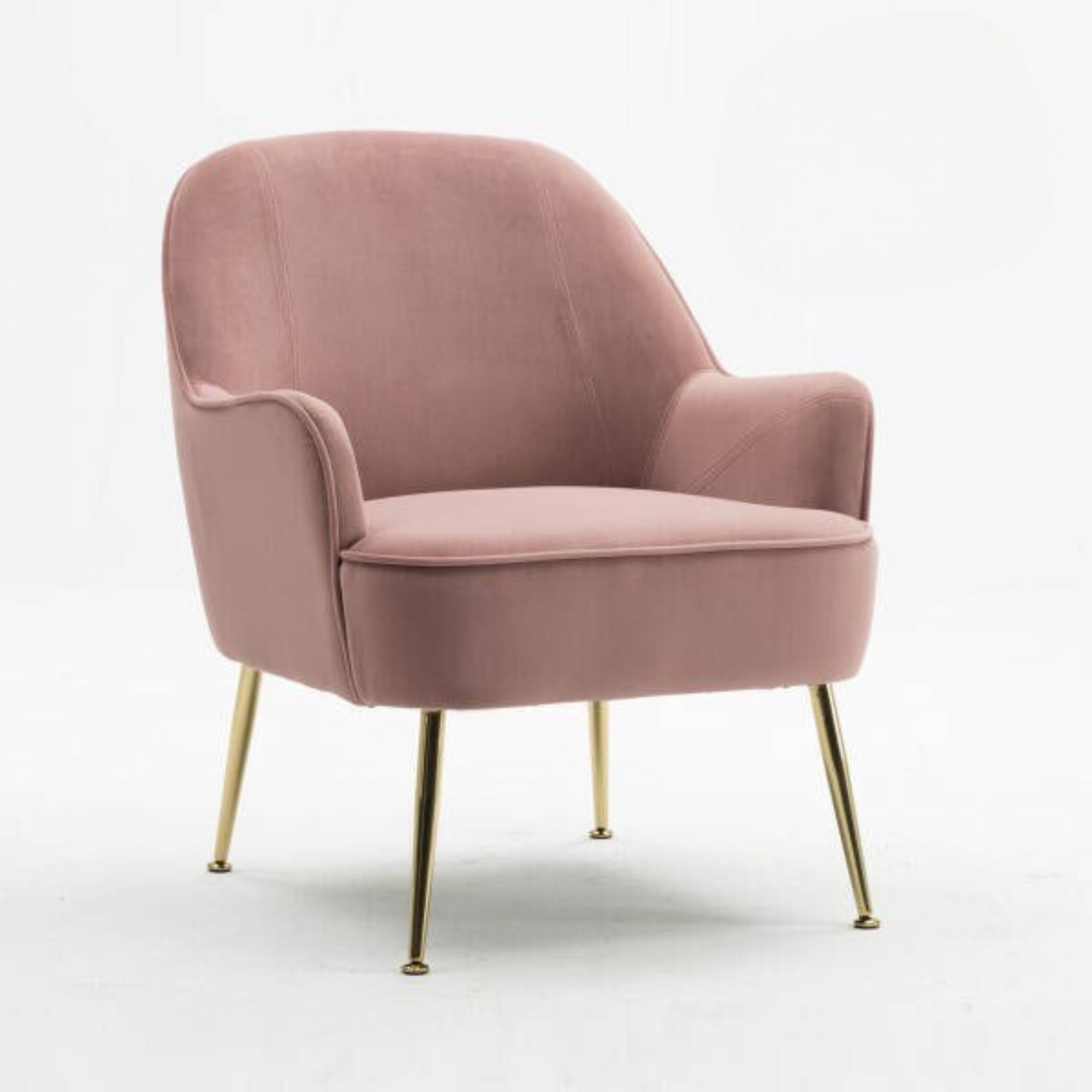 Butaca fija tapizada en tela velvet rosa con estructura de madera y patas metálicas doradas – medidas: 66x66x80 cm, estilo elegante y sofisticado