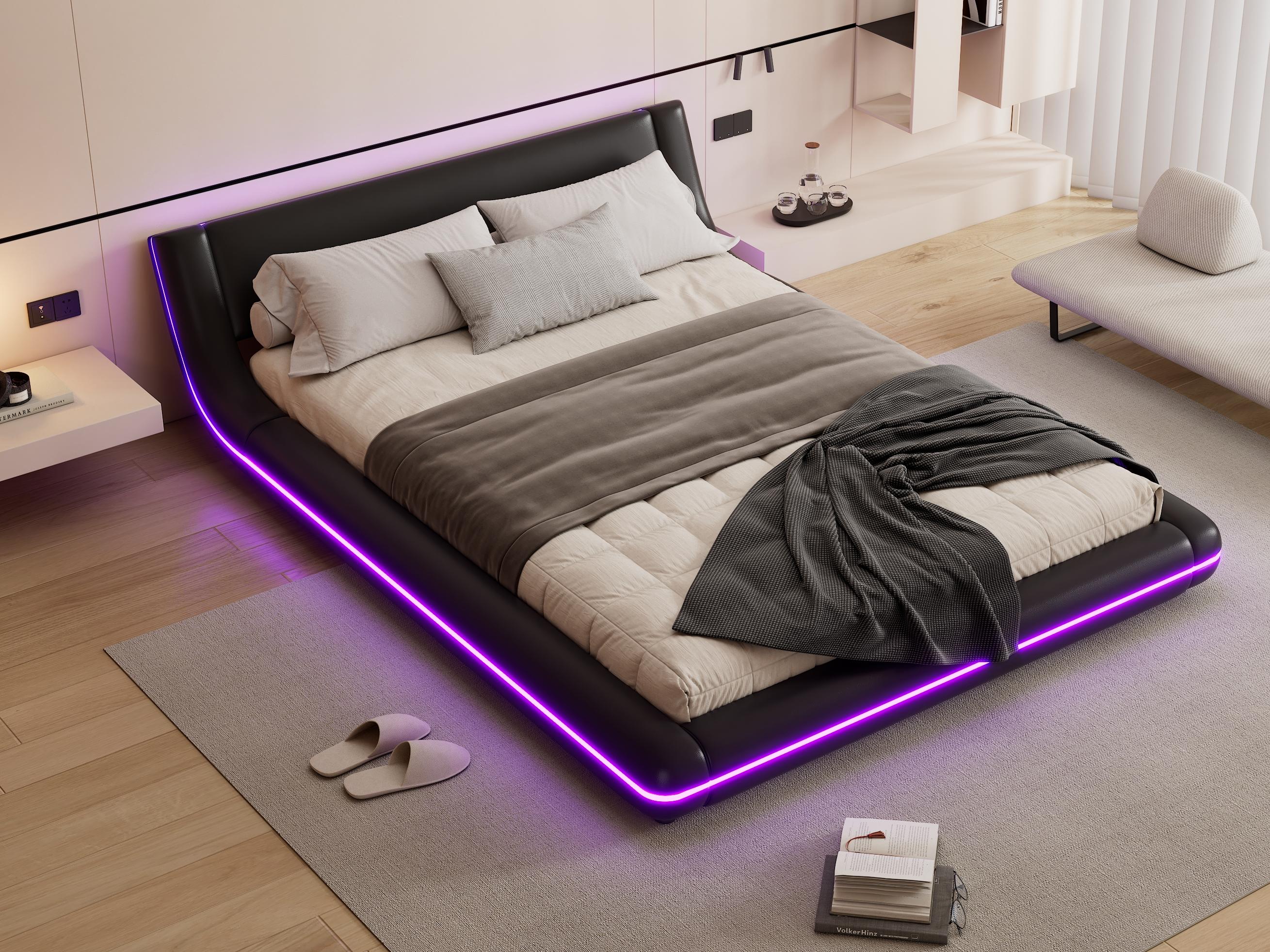 Łóżko dla dorosłych 140x200cm z LED - Skóra PU - Czarny