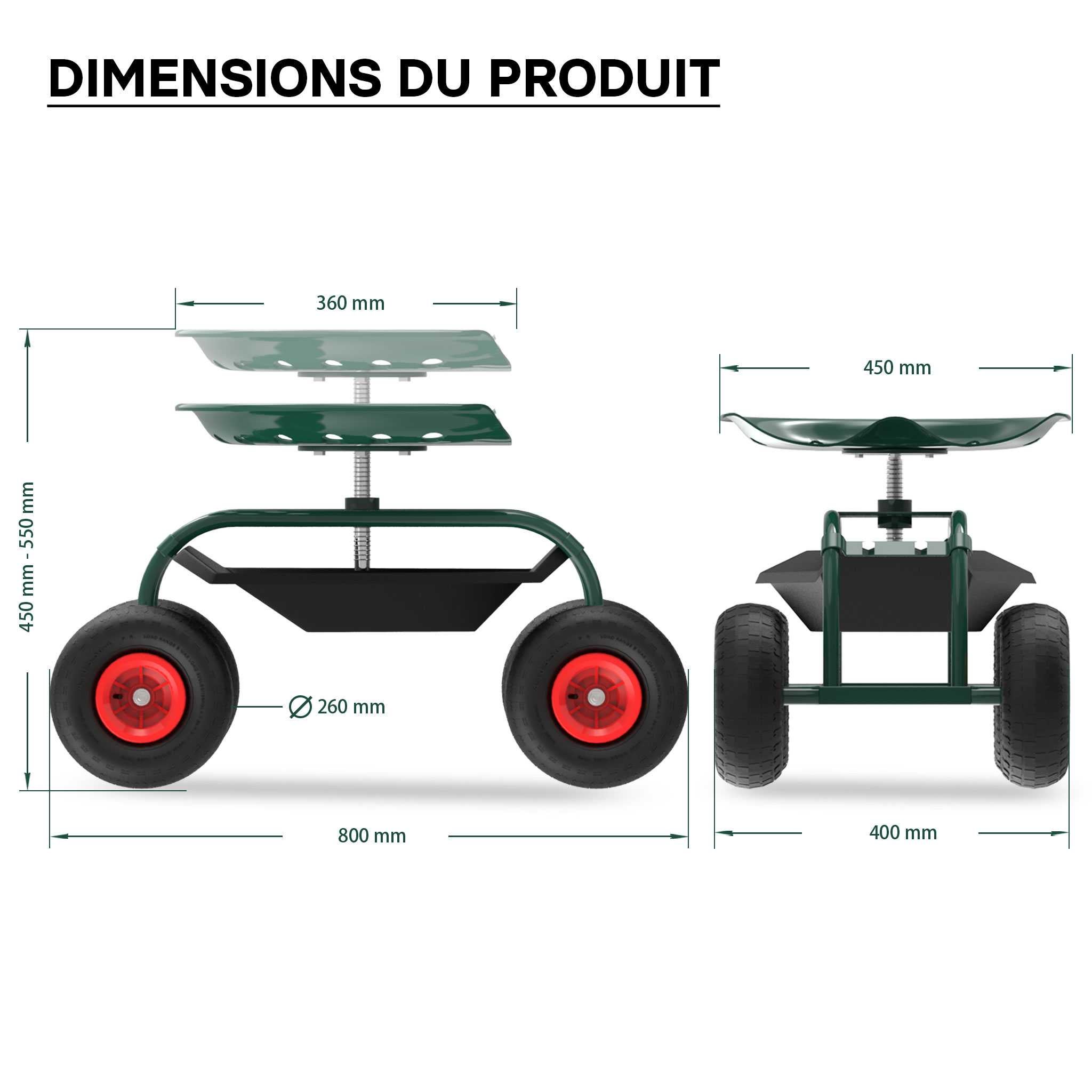 Siège de jardin sur larges roues Charge 150kg max. Chariot coulissant Jardinage Repose-genoux - 6