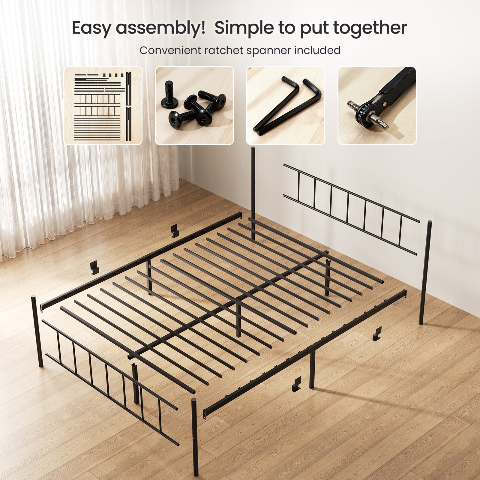 Lit Métallique 160x200 cm, Lit Minimaliste Pour Deux Places, Avec Tête Et Pied De Lit Inclus, Extra Solide, Grand Espace De Rangement - 8
