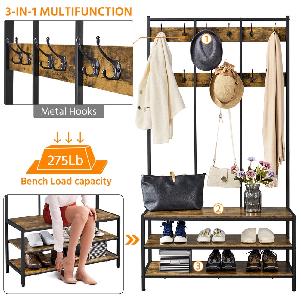 Porte-manteau d'entrée Vintage en Bois et Métal avec Étagère à Chaussures à 3 Niveaux, Brun Rustique et Noir Yaheetech - 4