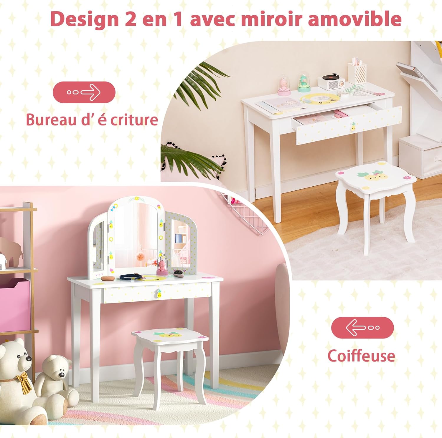 Toeletta Trucco Per Bambina COSTWAY - Specchiera 2 In 1 Con Cassetto E Sgabello, Legno Robusto 70x34x105cm Rosa - Foto 2