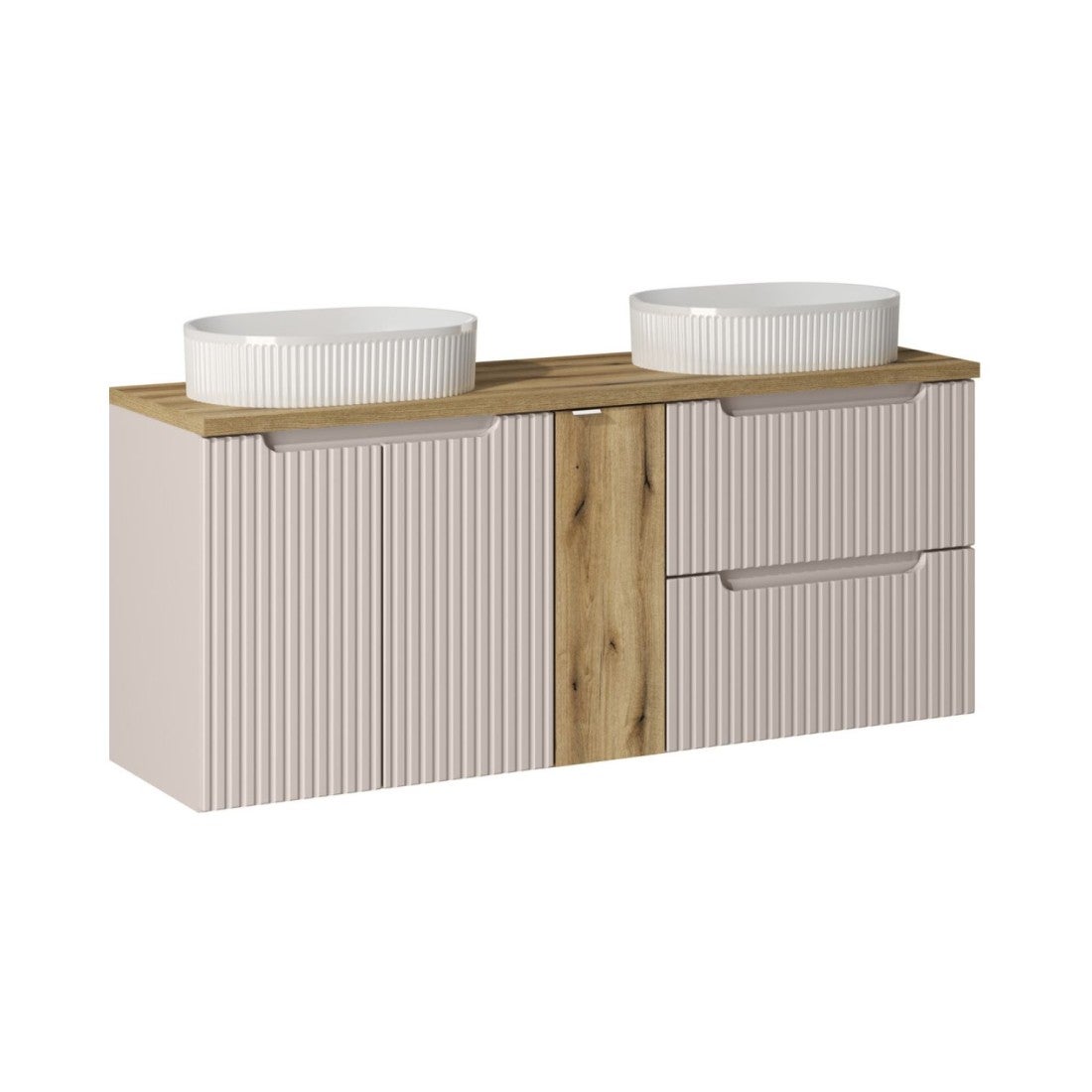 Conjunto vano de cachemira y roble 140cm: muebles bajo lavabo con cajones y armarios + lavabos sobre encimera blancos con ranuras