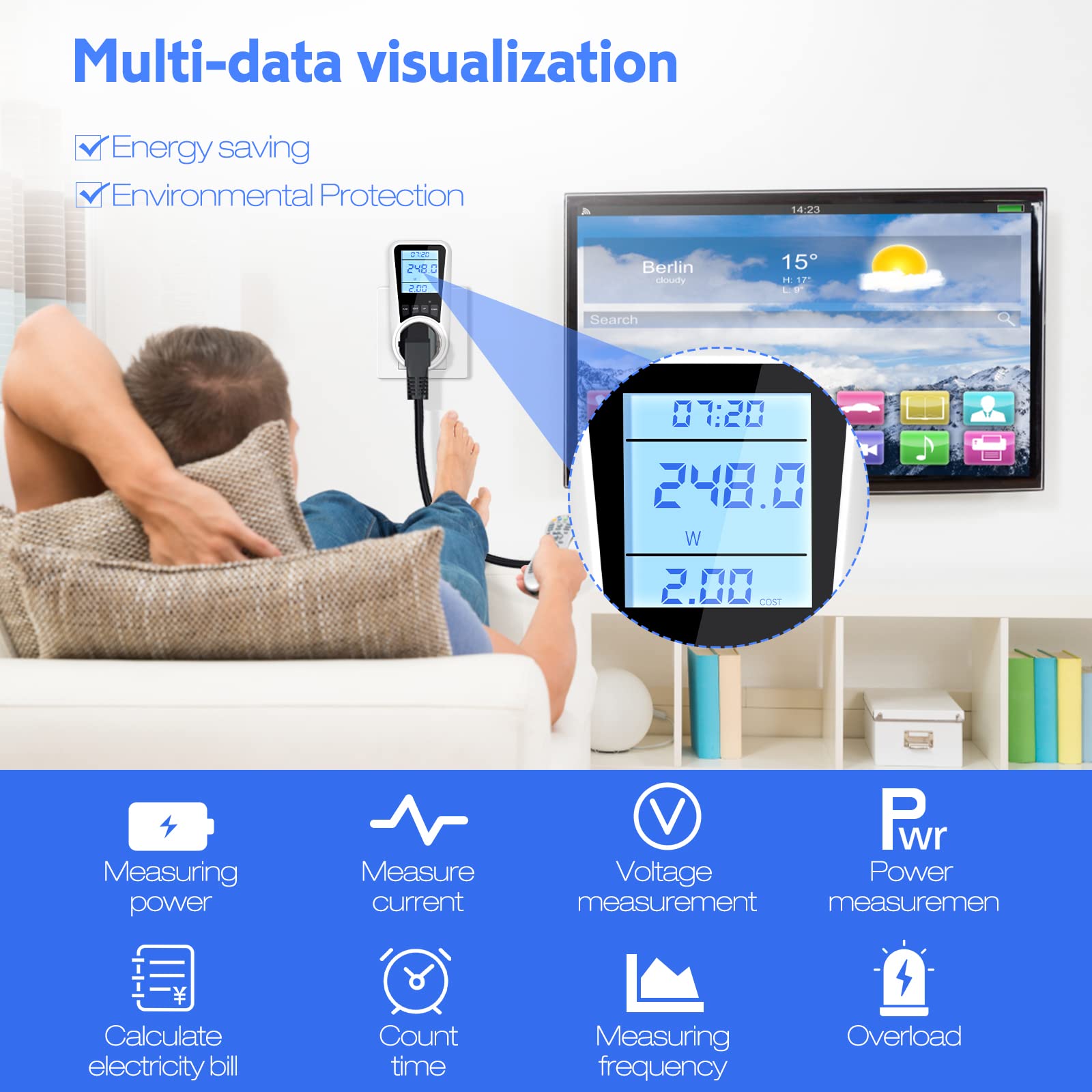 Wattmètre Prise Compteur d'Énergie,Consommation avec 7 Modes Surveillance,Prise Consommation Electrique pour Écran LCD Rétroéclairé - 5