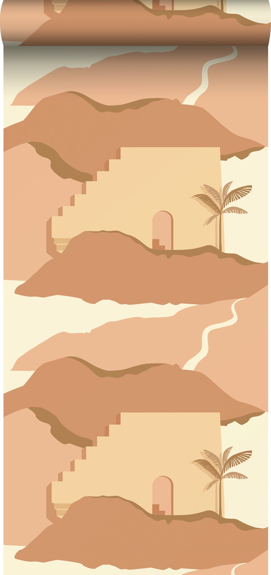 Papel pintado casas mediterráneas beige y rosa terracota - 50 x 900 cm - estahome