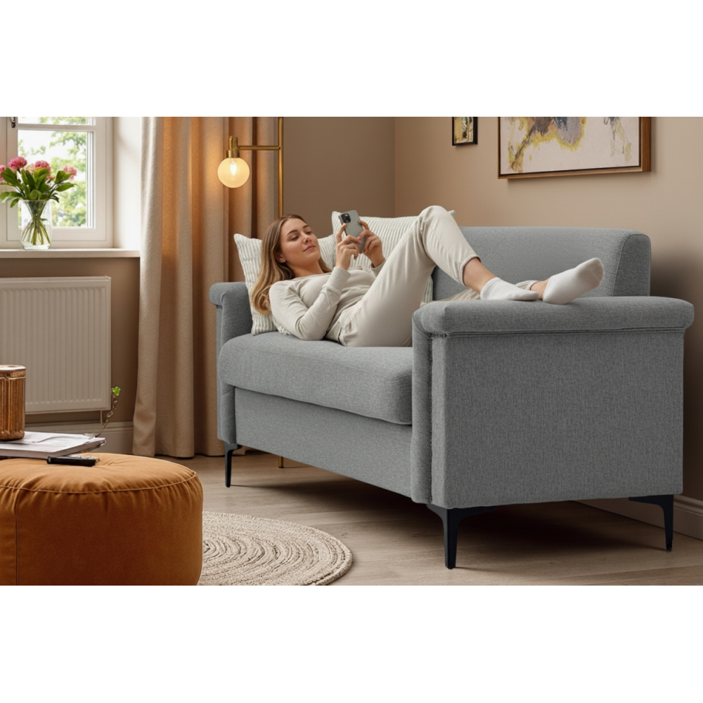 Sofa skandynawska, elegancka, len, rama z litego drewna, nogi metalowe, nowoczesna