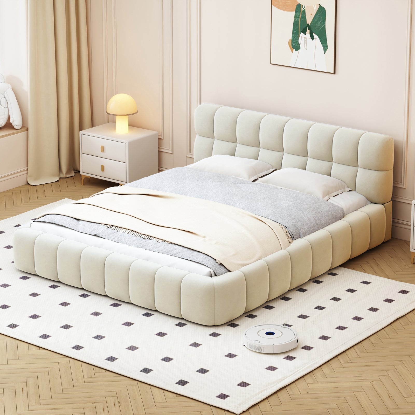 Lit adulte 140x190cm, 140x190cm Lit Bubble, dossier moelleux, Lit plat avec sommier à lattes, (en lin, beige) - 3