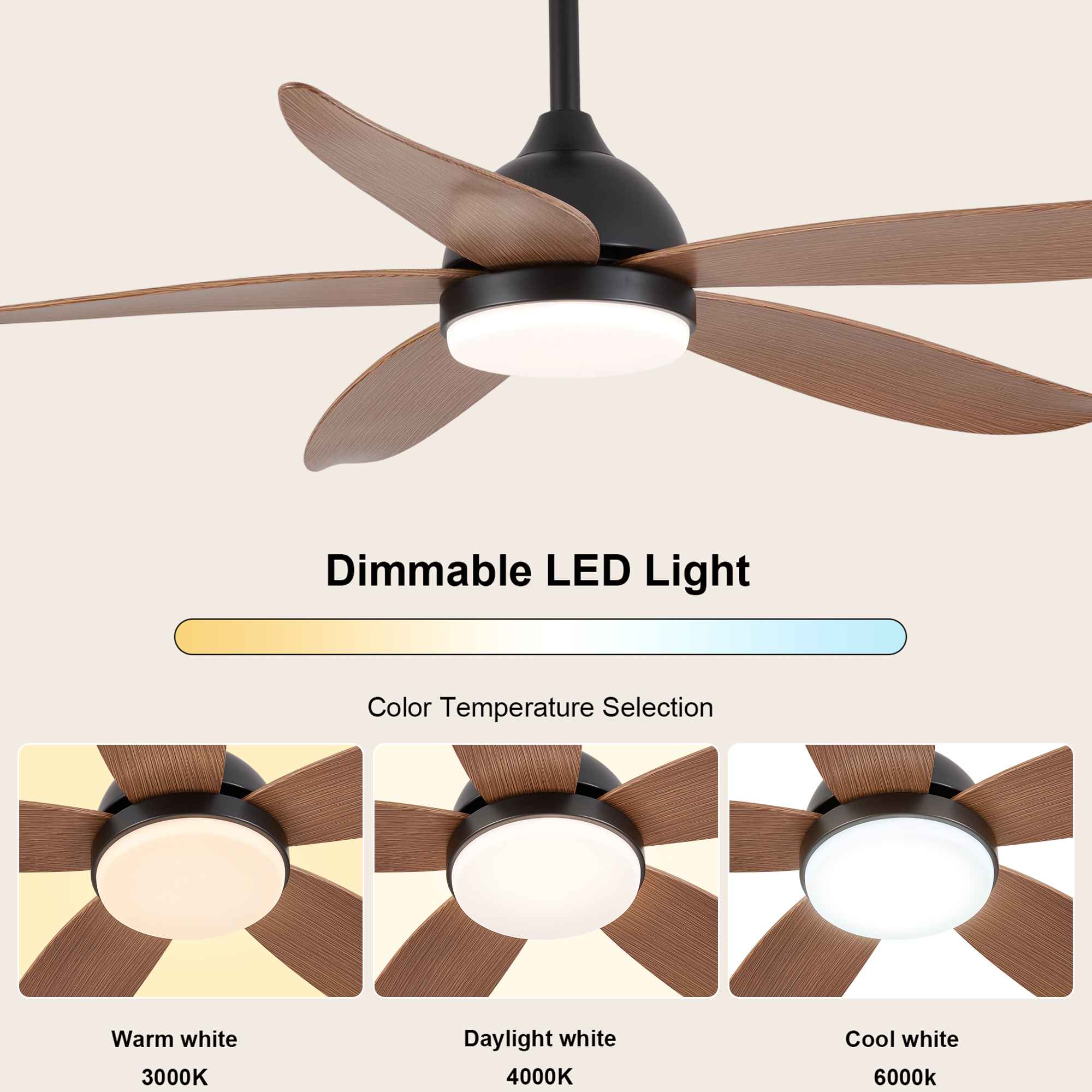 Ventilateur de Plafond Intelligent 132 cm Pales Effet Bois 5 Lames Contrôle APP 6 Vitesses LED 3 Couleurs Veilleuse 110-240V - 6