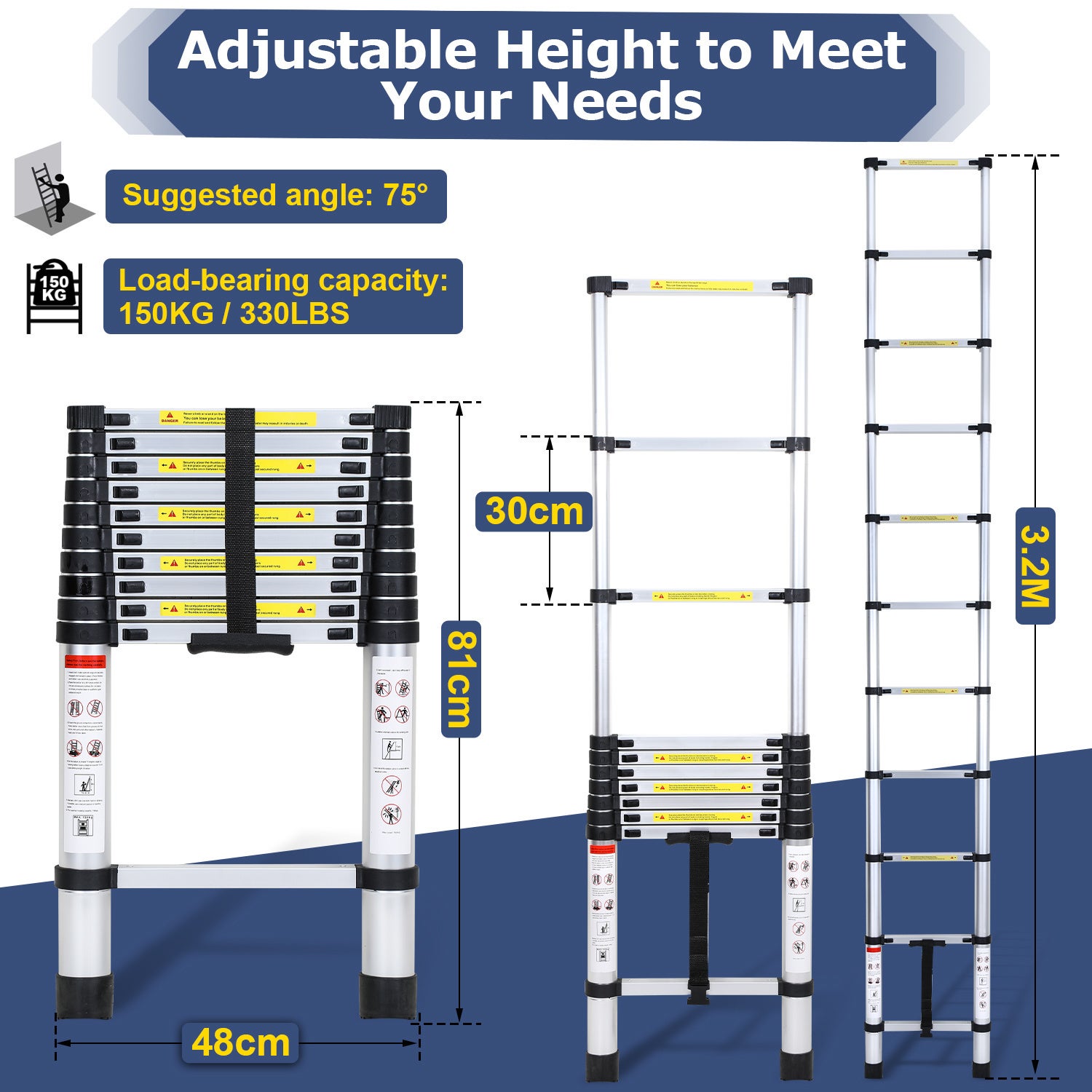 Escalera telescópica de aluminio prémium de 3,2 m, extensible y plegable, antideslizante, multifuncional - 2